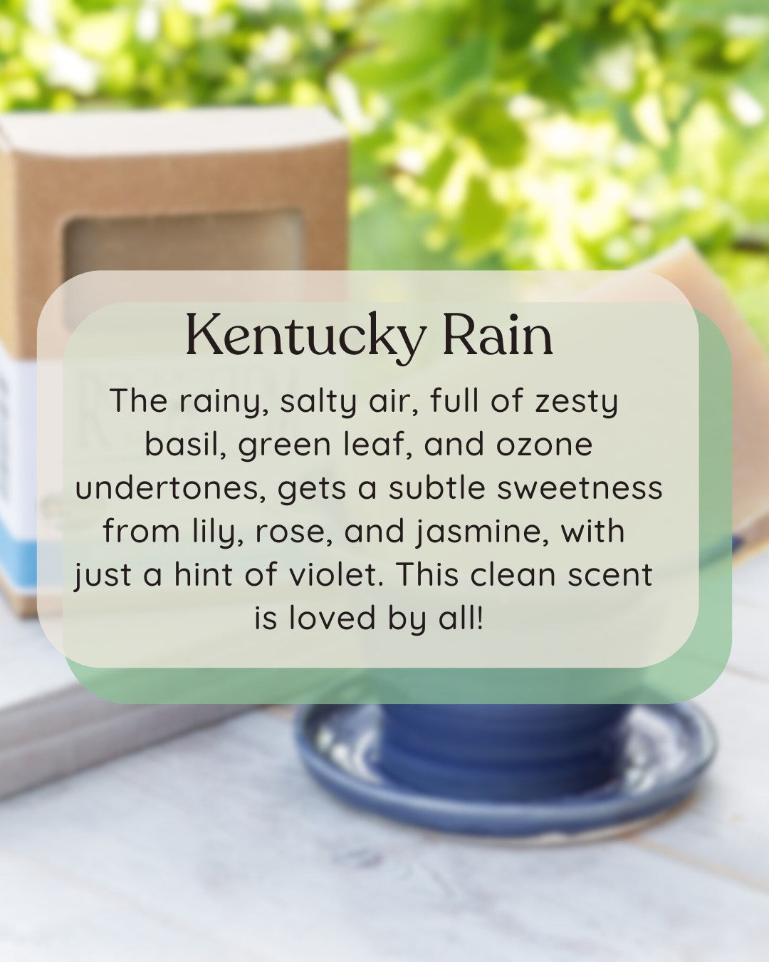 Kentucky rain goat milk soap picture taken outside with scent description over the photo