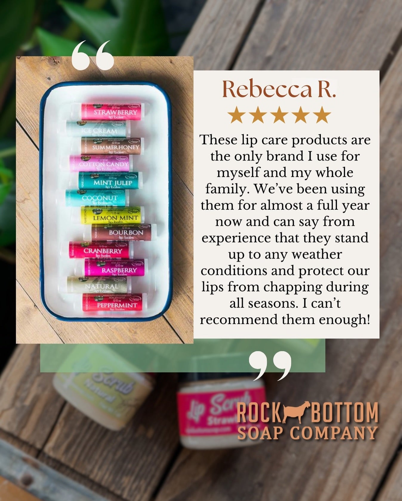 lip balm review over a wooden tray