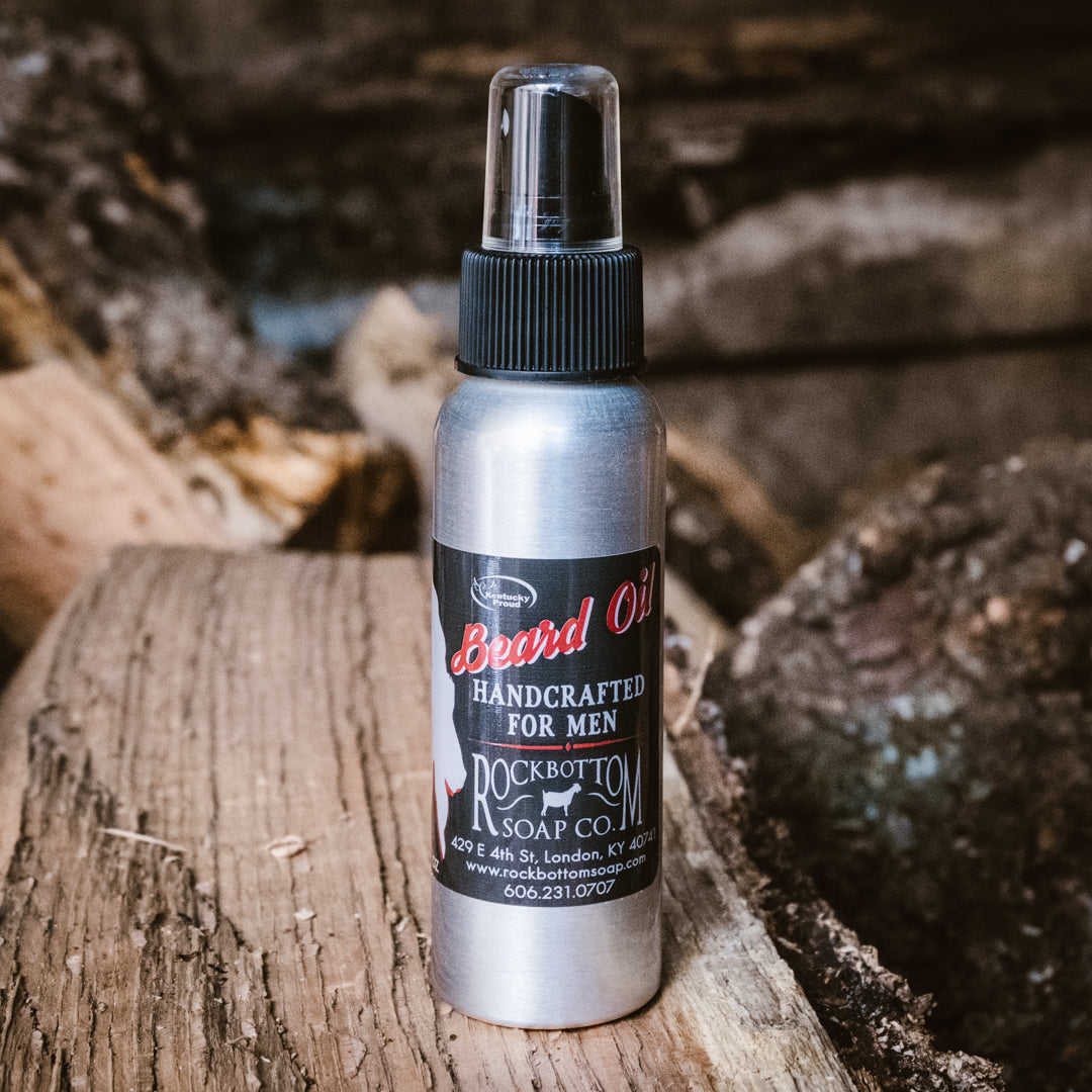 2oz metal spray bottle of natural beard oil with Fractionated Coconut, Jojoba, Hemp Seed, Kentucky Hemp, and essential oils – moisturizing and conditioning. for longer beards