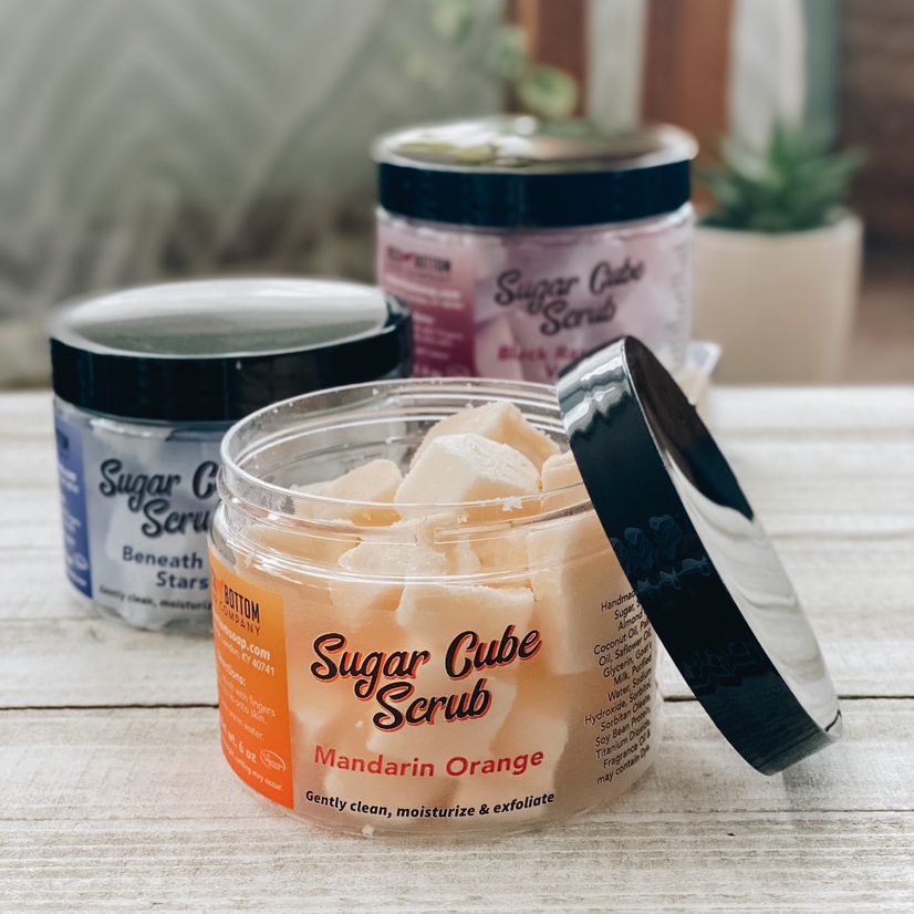 Jar of handmade sugar cube scrubs – exfoliating and moisturizing in one step with goat milk, phthalate-free and sulfate-free formula.