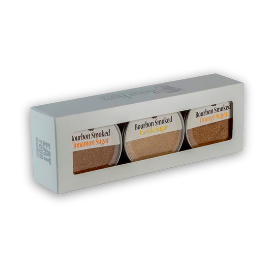 Box of bourbon smoked sugar packets on a white background