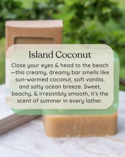 island coconut goat milk soap outdoor photo with scent description over laying 