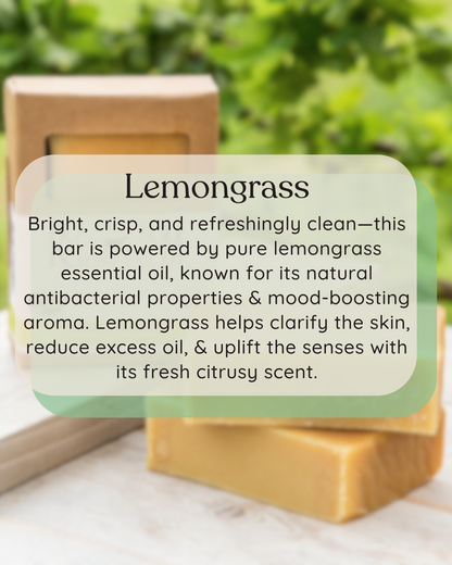 lemongrass soap on a wooden tray with green foliage background with typed scented description overlayed 