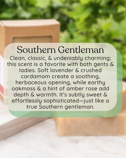Southern Gentleman Goat Milk Soap on a wooden tray in an outdoor setting – rich, masculine handmade artisan soap with a classic scent with scent description over phota
