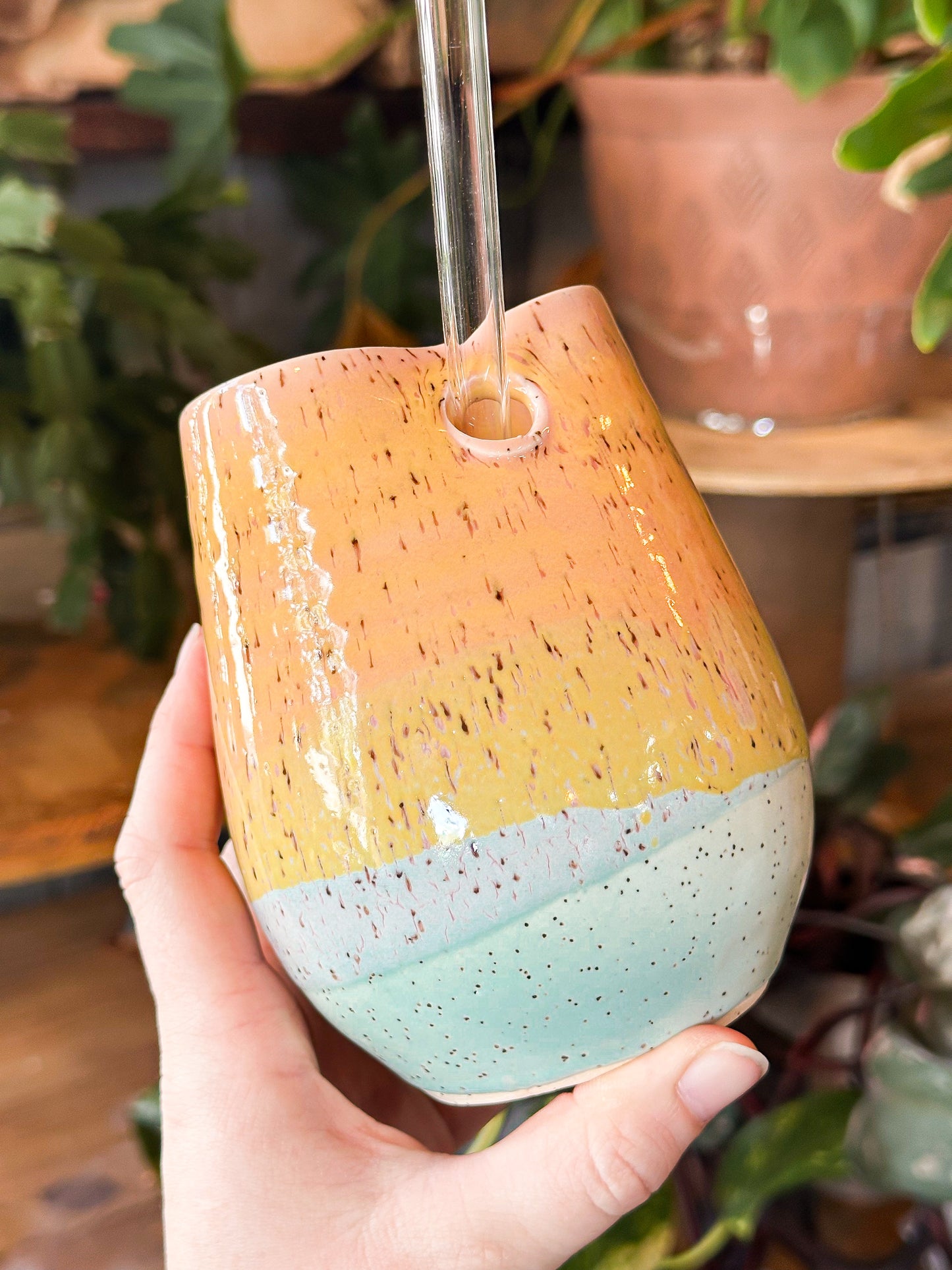 Slab & Cedar handmade ceramic tumbler with glass straw – stylish, eco-friendly drinkware perfect for iced coffee, tea, or smoothies.