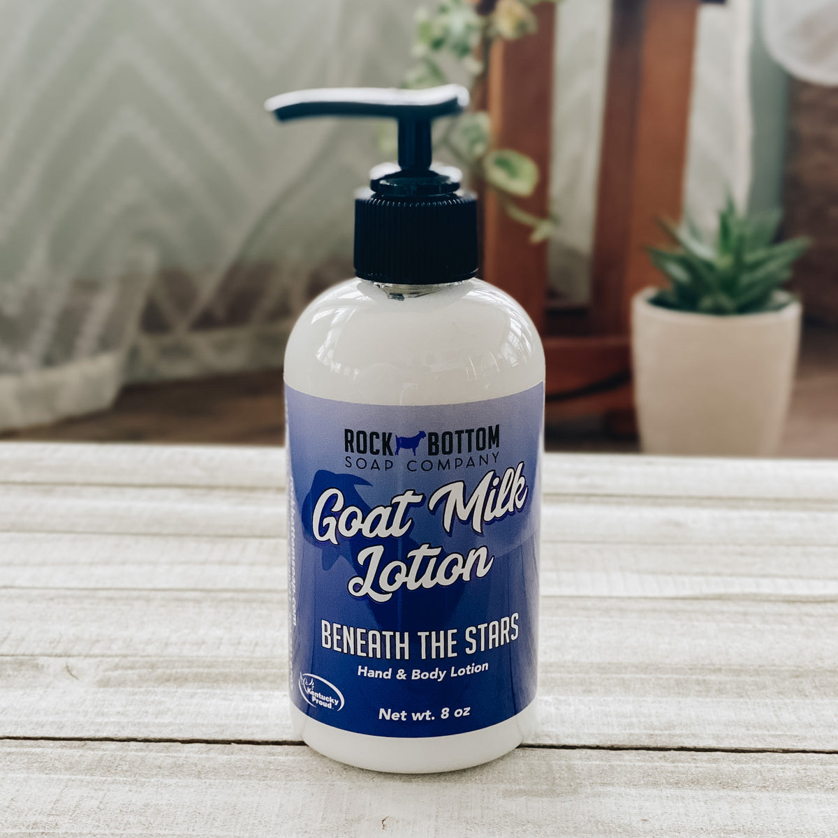 Beneath the Stars-Rich and creamy Goat Milk Lotion in an 8 oz pump jar. Rock Bottom Soap handmade goat milk lotion in 8 oz pump bottle