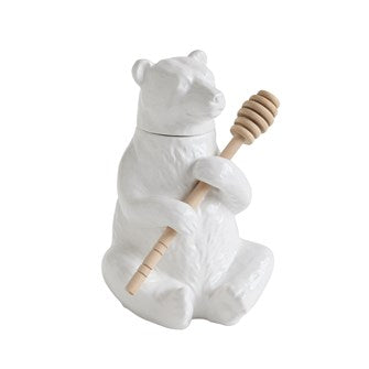 5"L x 4-1/2"W x 7"H Ceramic Bear Honey Pot w/ Bamboo Honey Dipper
