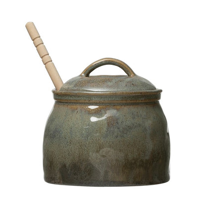 Stoneware Honey Jar w/ Wood Honey Dipper, Reactive Glaze, Green & Blue