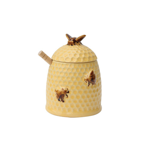 Yellow Bee Hive Honey Pot 4.5 inch round by 6 inch tall with dipper